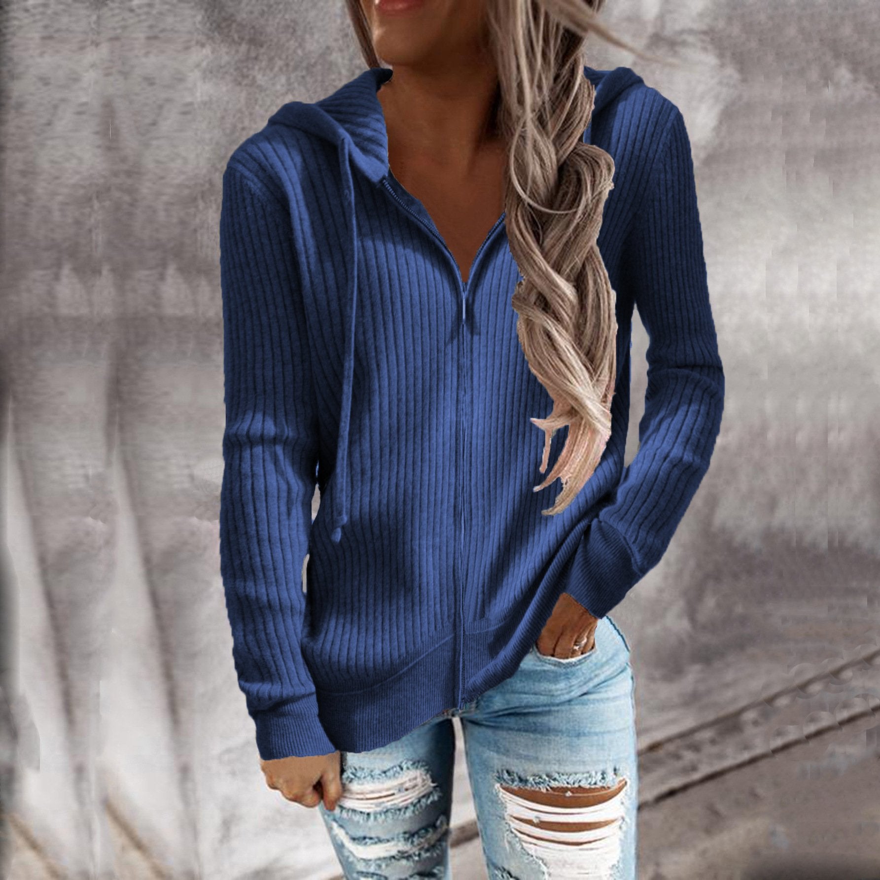 Loose Fit Women's Hooded Zip Long Sleeve Sweatshirt