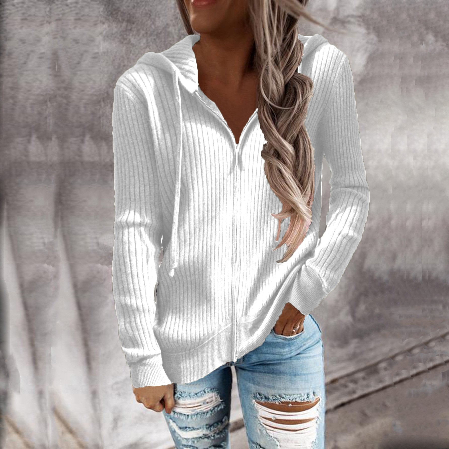 Loose Fit Women's Hooded Zip Long Sleeve Sweatshirt