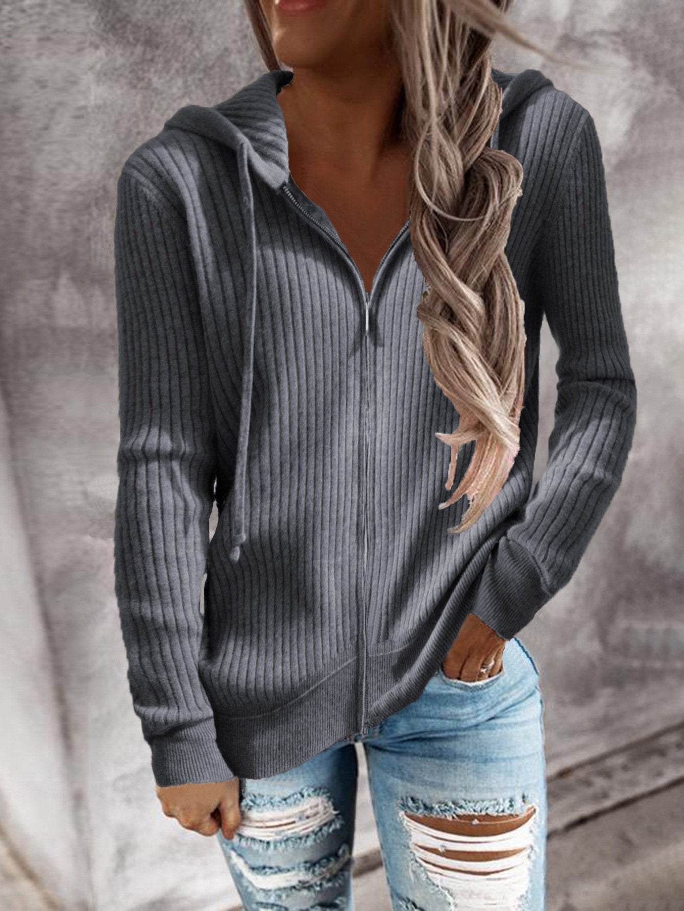 Loose Fit Women's Hooded Zip Long Sleeve Sweatshirt