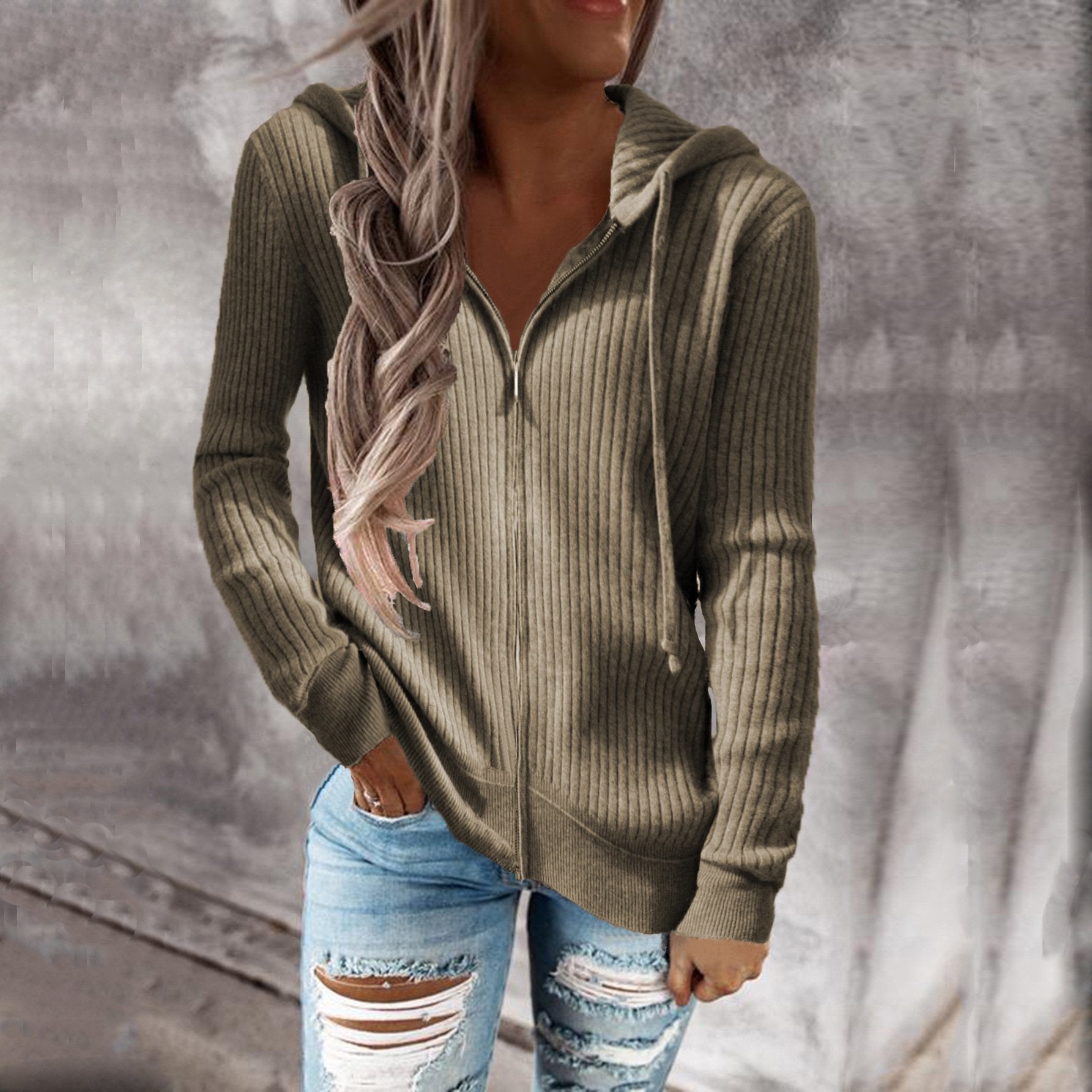 Loose Fit Women's Hooded Zip Long Sleeve Sweatshirt