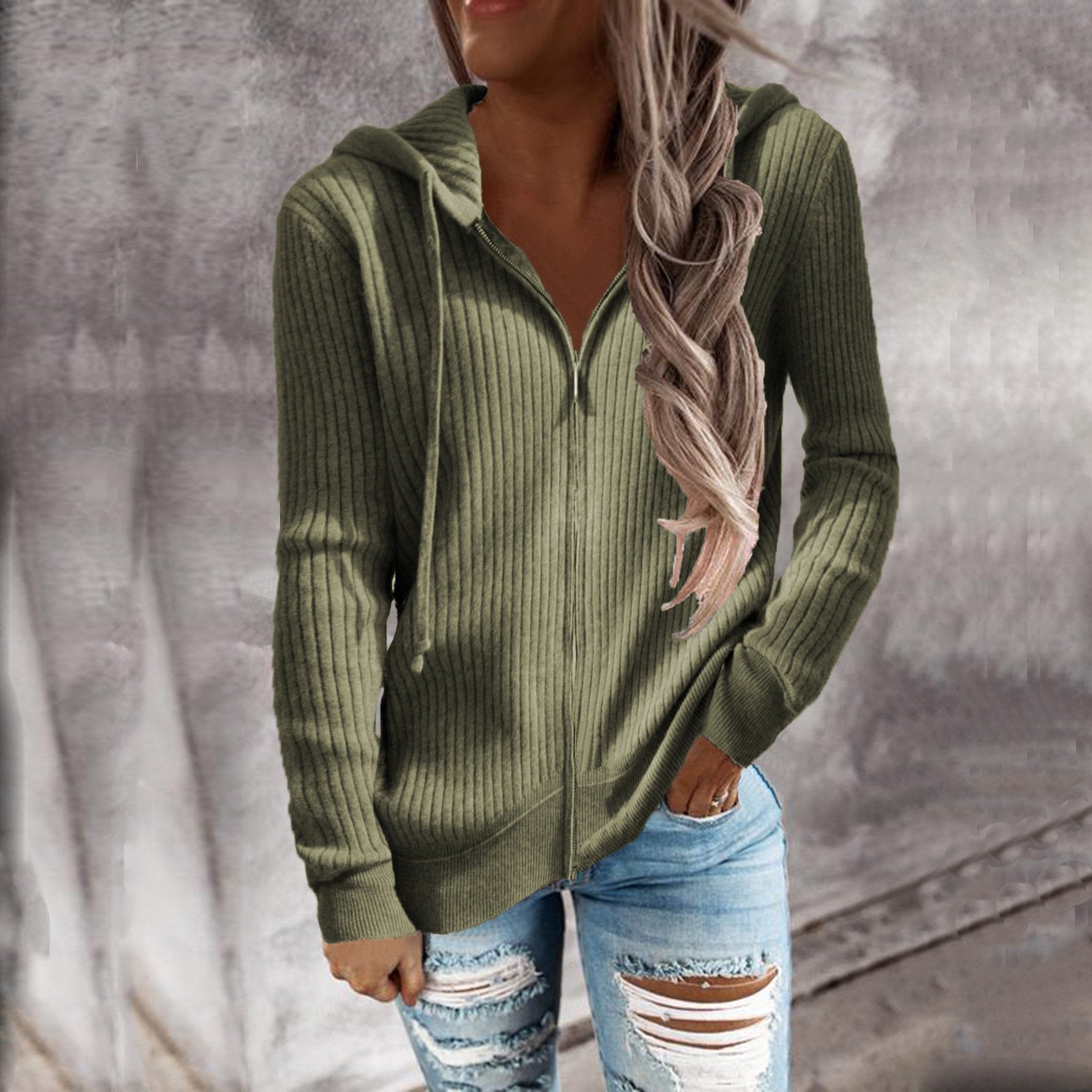 Loose Fit Women's Hooded Zip Long Sleeve Sweatshirt