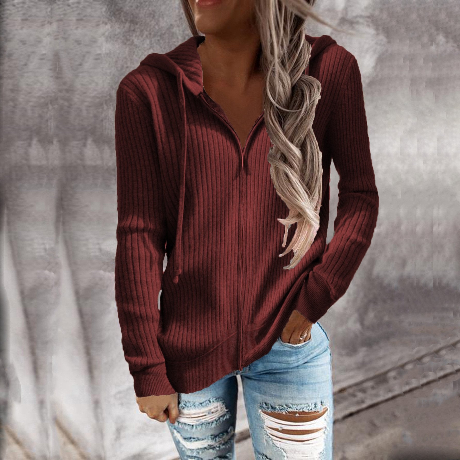 Loose Fit Women's Hooded Zip Long Sleeve Sweatshirt