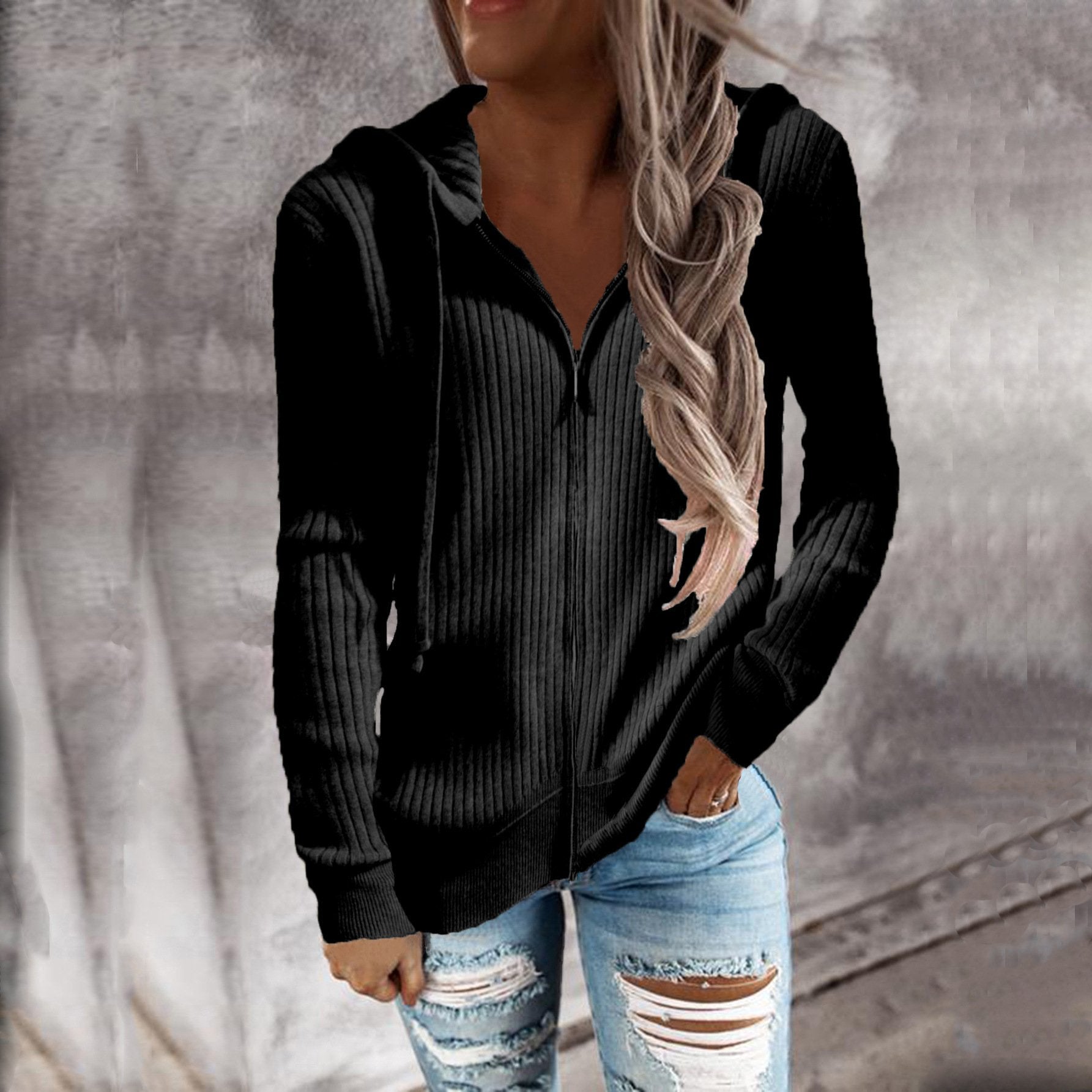 Loose Fit Women's Hooded Zip Long Sleeve Sweatshirt